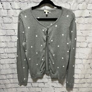 TALBOTS Womens Cardigan Gray White Polka Dot Size Large Petite